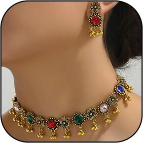 Indian Jewelry Sets for Women Bollywood Wedding Jewelry Necklace Set Choker Necklace with Maang Tikka Earrings Set