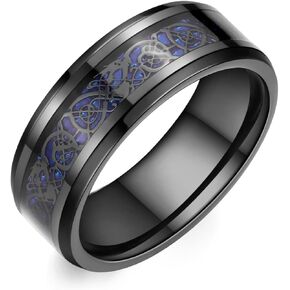 8mm Black Tungsten Carbide Ring for Men Women Red/Green/Blue Carbon Fiber Celtic Dragon Inlay Promise Wedding Band Beveled Edges Polished Comfort Fit