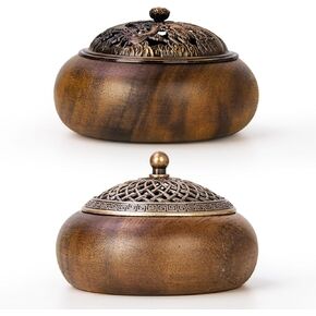 2 Pack Incense Cone Holder, Wooden Cone Incense Burner Holder with Brass Cover, Bakhoor Burner, Incense Holder for Incense Sticks Coil, Frankincense Room Home Decor Yoga Spa Meditation
