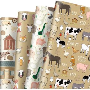 AnyDesign 12 Sheet Farmhouse Wrapping Paper Farm Animal Theme Gift Wrap Paper Bulk Folded Flat Retro Cartoon DIY Craft Paper for Birthday Holiday Party Supplies, 19.7 x 27.6 In