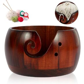 Wooden Yarn Bowl,Crochet Bowl with Lid, 6 inch Knitting Yarn Bowls with Holes, Yarn Storage Bowl Handmade Craft with Storagebag for DIY Knitting Crocheting