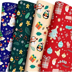 BlessedSeason Christmas Wrapping Paper 4 Different Pattern Designs, 6pcs Wrapping Paper Set,Snowman, Christmas Tree, Reindeer,Penguin. Neutral Wrapping Paper Set for Christmas, Holidays, New Year