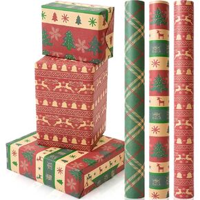 Vintage Christmas Wrapping Paper Mini Roll 17 Inch X 120 Inch 3 Different Christmas Rolls, Grid, Christmas Tree, Deer and Dell Print Wrapping Paper for Kids Gift Wrapping, Christmas Family Party, Christmas Tree Decorations