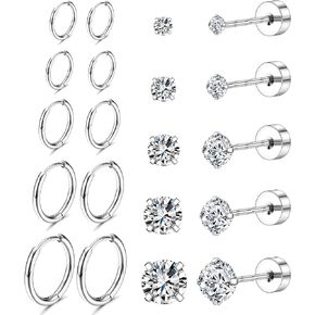 Surgical Stainless Steel Stud Hoop Earrings Set for Women Men Small Hypoallergenic Helix Flat Back Stud for Multiple Piercing Tiny Screw Back Cartilage Earrings for Sensitive Ear Jewelry Gift