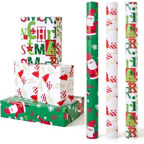 Vintage Christmas Wrapping Paper Mini Roll 17 Inch X 120 Inch 3 Different Christmas Rolls, Grid, Christmas Tree, Deer and Dell Print Wrapping Paper for Kids Gift Wrapping, Christmas Family Party, Christmas Tree Decorations