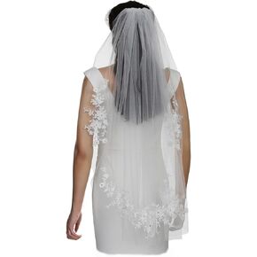 SAMKY White Bridal Wedding Veil with Crystal Embellished Flower Vine Design - Fingertip Length 36"
