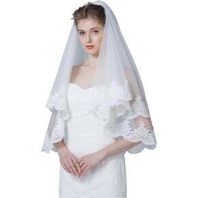 BEAUTELICATE Wedding Bridal Veil with Comb 2 Tier Floral Lace Applique Edge Elbow Length Ivory White 34"