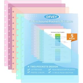 8.5 X11 Discbound 2 Pocket Dividers Letter Size Paper Plastic 5 Pack Discbound Notebook Planner Disc Binder Dividers for Office Home School (5)