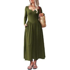 Long Sleeves Maxi Dress for Women A Line 2024 V Neck Casual Button Boho Tshirt Long Dress with Pockets