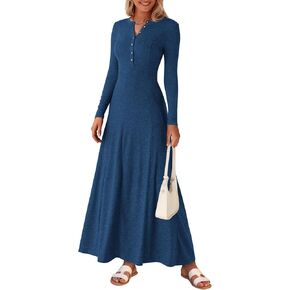 PRETTYGARDEN Casual Maxi Dress for Women 2024 Fall Fashion Clothes Long Sleeve Button Fit and Flare Long Flowy Dresses