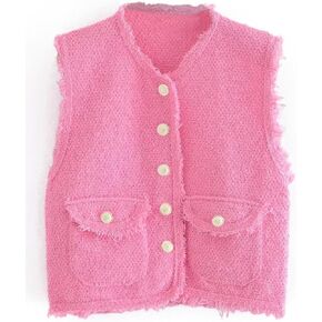 Women's Vest Lightweight Sleeveless V-neck Tweed Solid Blazers Textured Frayed Hem Button Front Jacket With Pockets
