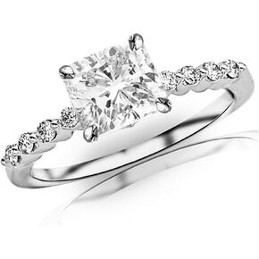 14K White Gold 2.15 Carat LAB GROWN DIAMOND Floating Prong Set Round Cushion Cut Diamond Engagement Ring (E-F Color VS2-SI1 Clarity 2 Ct Center)