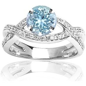 2.29 Carat t.w 14K White Gold Eternity Love Criss Cross Twisting Split Shank Diamond Engagement Ring w/a 2 Carat Round Cut Blue Aquamarine Heirloom Quality