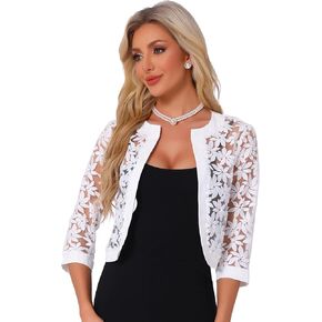 Allegra K Floral Lace Shrug for Women's 3/4 Sleeve Cropped Open Front Elegant Sheer Bolero Cardigan