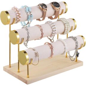 Detachable Bracelet Holder, 3-Tier Jewelry Display Stand, Bracelet Storage Organizer, Velvet Jewelry Holder with Wooden Base for Bangles, Watches, Necklaces