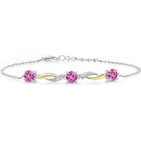 Gem Stone King 925 Sterling Silver and 10K Yellow Gold 5MM Round Pink Created Sapphire and 1.3MM White Moissanite Women Tennis Bracelet | 1.69 Cttw | Bollo Bracelet | Fully Adjustable Up to 9 Inch