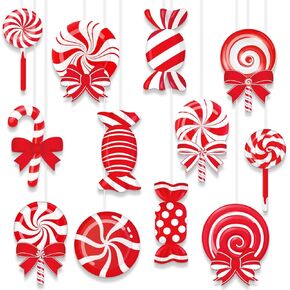 48 Pcs Christmas Peppermint Candy Cutouts Candy Cane Cutout Bulletin Board Decorations with 60 Glue Point Dots for Candy Theme Party Decoration Classroom Home Office Decoration 12 styles 4 sheets each