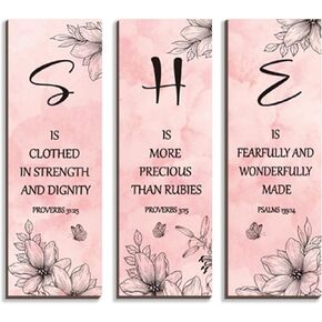 3-Pcs Pink Wall Decor Inspirational Pink Floral Wall Art Wooden Hanging Decor Elegant Pink Bathroom Decor Motivational Gift for Women's Bedroom Bathroom Office Kitchen(Pink, 12x4
