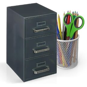 Vaulted Skulls & Co Desktop Mini Filing Cabinet | Business Card Organizer & Storage | 3 Drawers | Gray | 8.75H x 4.5W x 5D inches