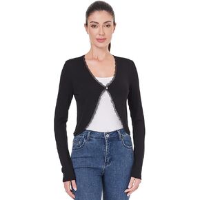 AmélieBoutik Women Long Sleeve Lace Trim Open Front Bolero Shrug Cropped Cardigan