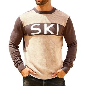 Runcati Mens Ski Sweater Cable Knit Color Block Casual Sweaters Crewneck Winter Pullover