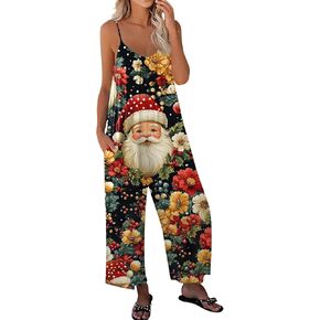 NAMTYQX 2024 Christmas Overalls for Women, Jumpsuit Dressy for Women, Costumes Santa Claus Print Straps Wide Leg Pants