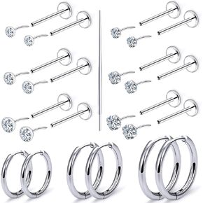 Jenxnjsjo Stud Hoop Earrings for Women 20g Surgical Steel Hypoallergenic Threadless Flat Back Push In Post Diamond Studs Earrings for Sensitive Ears Nickel Free
