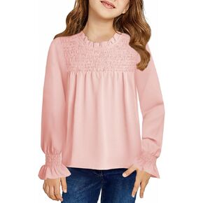 Haloumoning Girls Long Sleeve Shirts Kids Cute Pleated Crewneck Blouse Tunic Tops 5-14 Years