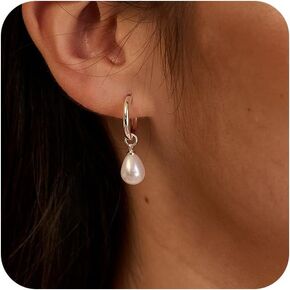 Gold Pearl Earrings for Women,14K Gold Plated/Silver Dangle Earrings Hypoallergenic Lightweight Drop Pearl Earrings Gold Simple Stud Earrings Fashion Jewelry Gifts for Women in Kuwait