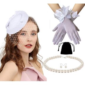 Women Girls Fascinator Hat Bow Mesh Veil for Party 20s 50s Pillbox Hats with Pearl Necklace & Earrings and Lace Gauze Gloves