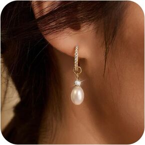 Gold Pearl Earrings for Women,14K Gold Plated/Silver Dangle Earrings Hypoallergenic Lightweight Drop Pearl Earrings Gold Simple Stud Earrings Fashion Jewelry Gifts for Women