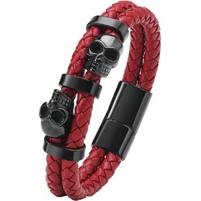 Double Skull Bracelets for Men - 316L Stainless Steel Cuff Punk Bracelets - Skeleton Row Genuine Leather Bracelet Gothic Jewelry