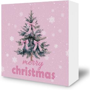 Pink Christmas Desk Decor Decorations - Coquette Aesthetic Christmas Xmas Wooden Box Sign, Winter Holiday Wood Block Plaque Box Sign for Girls Room Home Office Table Decoration, 5x5 Inches