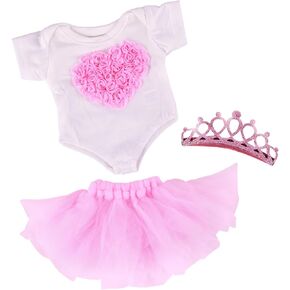 BABESIDE 3 Pcs Baby Doll Clothes Set, Heart Pattern Onesie with Skirt and Crown Headband for 12-16 Inch Dolls