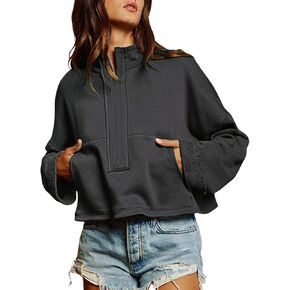 Himosyber Womens Cropped Sweatshirt Half Zip Pullover Long Sleeve Jacket Casual Crop Tops with Pockets Fall Winter Clothes