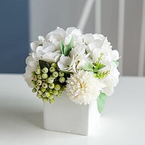 LADADA Artificial Flowers with Small Ceramic Vases, Roses in Vases Plastic Artificial Flowers and Plants,Used for Home Office Wedding Decoration, Table Decoration(White)