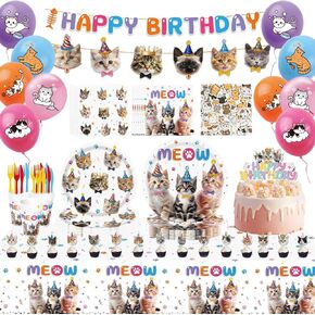 137pcs Cat Birthday Decorations Cat Themed Party Supplies - Banner Plates Napkins Hanging Swirls Kitten Balloons Cake Cupcake Toppers Tablecloth Stickers for Kids Girls Party Decor (Black+White)