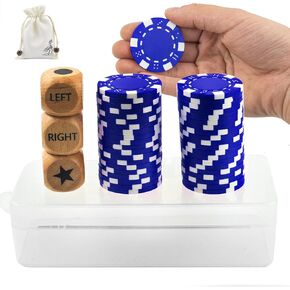 Left Right Center Dice Game Set, Upgrade Right Left Center Dice Game Set with 3 Pcs Beech Wood Dices + 40 Pcs Blue Poker Chips