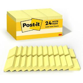 Post-it Notes, 1 3/8-inch x 1 7/8-inch, Canary Collection, 100 Sheet/Pad, 24 Pads/Pack (65324VADB)