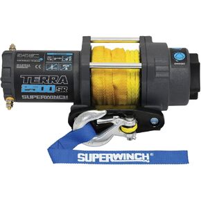 Superwinch 1125270 Terra 2500SR Powersports Winch 12V DC 2500lb/1133.99kg Single Line Pull UTV/ATV with Hawse Fairlead, 3/16in. X 40ft. Synthetic Rope, Handheld Remote, Handlebar Switch