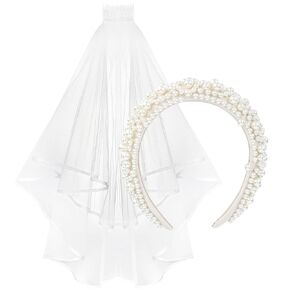 YARIEW Pearl Bride Headband + Bride Veil Set for Women and Girls, Bachelorette Party Decorations Bridal Headband for Wedding White Pearl Headpiece, Bridal Shower Favors Bachelorette Gifts for Bride