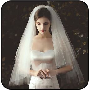 2 Tier Bridal Veil Short Wedding Veils Pearl Veil for Brides Lace Veil with Comb for Bridal Hair Accessories