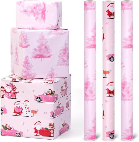 3 Roll Pink Christmas Wrapping Paper Roll-Mini Roll-3Roll-17 Inch x 120 Inch Santa Snowman Xmas Tree Truck Pattern Gift Wrap Paper for Xmas Party Wrapping Supplies in Saudi Arabia