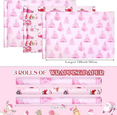 3 Roll Pink Christmas Wrapping Paper Roll-Mini Roll-3Roll-17 Inch x 120 Inch Santa Snowman Xmas Tree Truck Pattern Gift Wrap Paper for Xmas Party Wrapping Supplies in Saudi Arabia