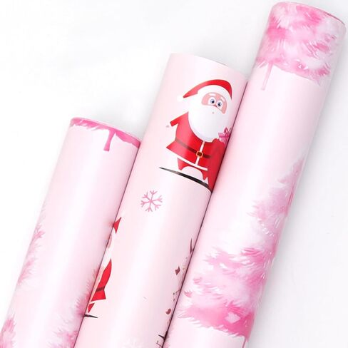 3 Roll Pink Christmas Wrapping Paper Roll-Mini Roll-3Roll-17 Inch x 120 Inch Santa Snowman Xmas Tree Truck Pattern Gift Wrap Paper for Xmas Party Wrapping Supplies in Saudi Arabia