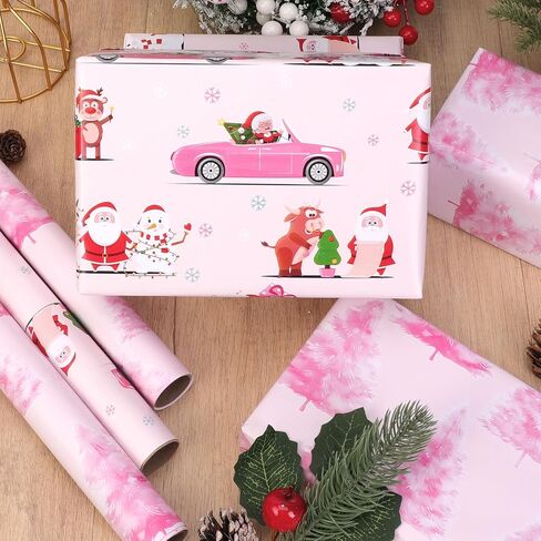 3 Roll Pink Christmas Wrapping Paper Roll-Mini Roll-3Roll-17 Inch x 120 Inch Santa Snowman Xmas Tree Truck Pattern Gift Wrap Paper for Xmas Party Wrapping Supplies in Saudi Arabia