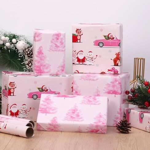 3 Roll Pink Christmas Wrapping Paper Roll-Mini Roll-3Roll-17 Inch x 120 Inch Santa Snowman Xmas Tree Truck Pattern Gift Wrap Paper for Xmas Party Wrapping Supplies in Saudi Arabia