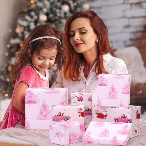 3 Roll Pink Christmas Wrapping Paper Roll-Mini Roll-3Roll-17 Inch x 120 Inch Santa Snowman Xmas Tree Truck Pattern Gift Wrap Paper for Xmas Party Wrapping Supplies in Saudi Arabia