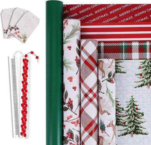 LaRibbons Reversible Christmas Wrapping Paper Sets, Classic Deer/Red White Plaid/Berries with 2 Trimming & 3 Gift Tags, Perfect for Season Party, Holiday, 30 Inch X 10 Feet (4Rolls, 100 sq.ft.ttl.) in Saudi Arabia