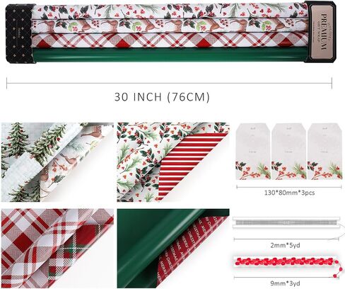 LaRibbons Reversible Christmas Wrapping Paper Sets, Classic Deer/Red White Plaid/Berries with 2 Trimming & 3 Gift Tags, Perfect for Season Party, Holiday, 30 Inch X 10 Feet (4Rolls, 100 sq.ft.ttl.) in Saudi Arabia